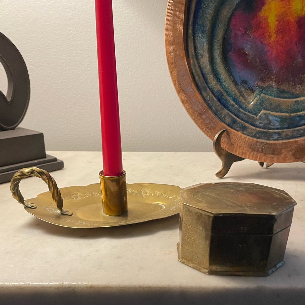 🕯️ Solid Brass Antique Candlestick Holder & Lidded Trinket Box. 🕯️
